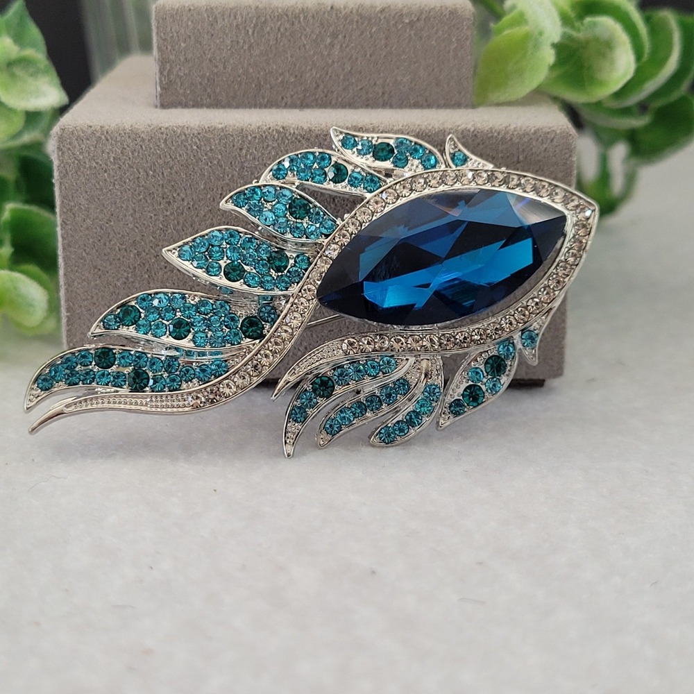 Art Deco Revival Blue Rhinestone Feather Brooch Silver Tone Statement Pin